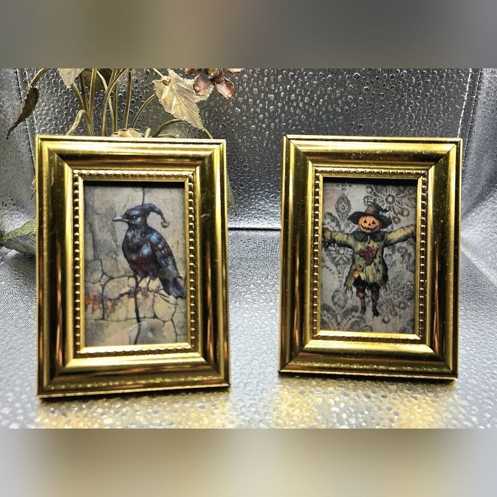"5/$25" Set Of 2 Brass Colored Lightweight Framed  Mixed Media Halloween Art